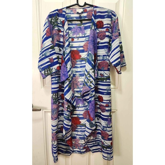 LulaRoe Long Striped Kimono with Floral Accents Sheer Womens Size Small - Picture 1 of 4